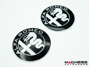 Alfa Romeo Emblems + Badges + Wheel Caps Kit - Black - "Alfa Romeo" + "Sportiva" Emblems + 2 AR Badges + 4 Center Caps
